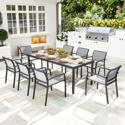 Outsunny 9 Pieces Patio Dining Set with Easy Clean Tabletop, 8 Stackable Chairs, for Garden, Backyard, Poolside, Deck, Grey