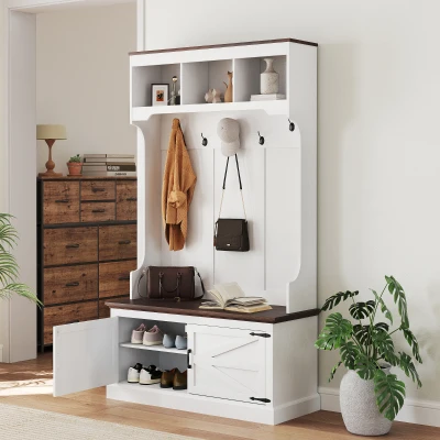 HOMCOM 3-in-1 Hall Tree Coat Rack with Bench & Shoe Storage, White