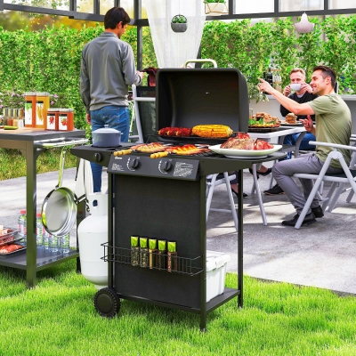 Outsunny 2+1 Burner Propane Gas BBQ Grill, Portable Gas Barbecue Grill with Side Burner, Thermometer, Lid, Side Table, Shelf, Spice Rack, Wheels, Grease Cup for Garden, Black