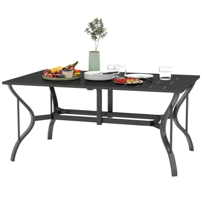 Outsunny Rectangle Patio Dining Table with Umbrella Hole, Outdoor Dining Table for 6 with Steel Frame for Garden, Balcony, Black