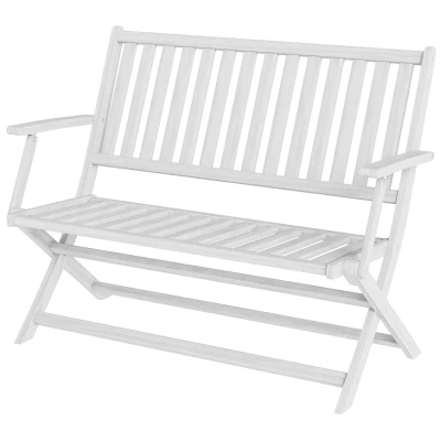 Outsunny 46.5" Foldable Wood Outdoor Bench with Backrest and Armrests for Outdoors, Patio, Porch, Park, White
