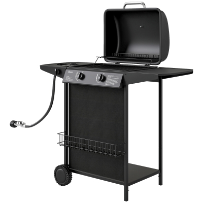 Outsunny 2+1 Burner Propane Gas BBQ Grill, Portable Gas Barbecue Grill with Side Burner, Thermometer, Lid, Side Table, Shelf, Spice Rack, Wheels, Grease Cup for Garden, Black