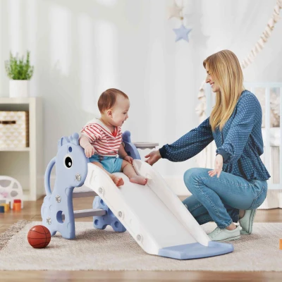 Qaba 3-in-1 Toddler Slide with Climber & Basketball Hoop, Blue