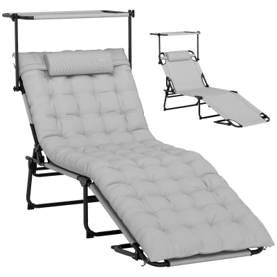 Outsunny Folding Lounge Chair with Adjustable Canopy, 4-Position Outdoor Tanning Chair with Headrest, Light Grey