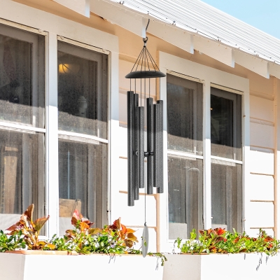Outsunny 45" Wind Chimes Outdoor Deep Tone Wind Chime with 6 Aluminum Tubes and Hook for Patio, Yard, Garden Decor, Dark Grey