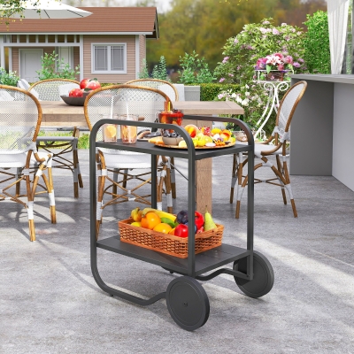 Outsunny Outdoor Grill Cart with Storage, 2-Tier Bar Cart on Wheels with Side Handle, Steel Frame for Indoor Outdoor, Black