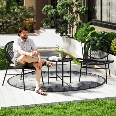 Outsunny Rattan Bistro Set, 3 Pieces Wicker Patio Furniture Set, Acapulco Chairs and Steel Table for Porch, Balcony, Black