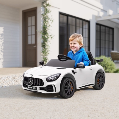 Qaba Mercedes-Benz AMG GTR Licensed 12V Battery Powered Kids Electric Car w/ Remote, Soft Start, Lights, Music Horn, White
