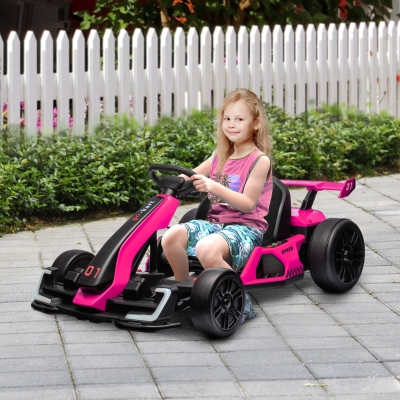 Aosom 24V Electric Go Kart, Battery Powered Kids Drift Kart with Adjustable Seat, Seat Belt, Horn, Music, Light, Pink