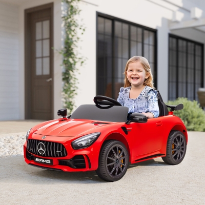 Qaba Mercedes-Benz AMG GTR Licensed 12V Battery Powered Kids Electric Car w/ Remote, Soft Start, Lights, Music Horn, Red