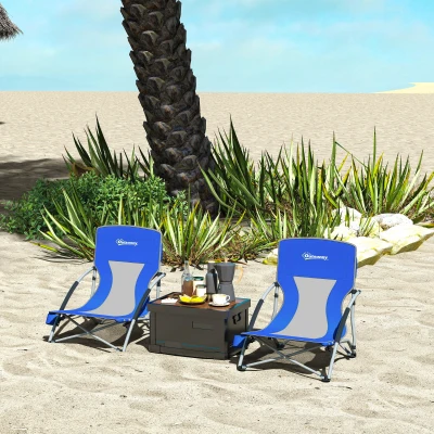 Outsunny Set of 2 Folding Beach Chairs with Mesh Back, Dark Blue