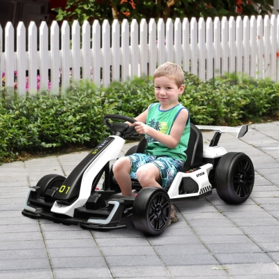 Aosom 24V Electric Go Kart, Battery Powered Kids Drift Kart with Adjustable Seat, Seat Belt, Horn, Music, Light, White