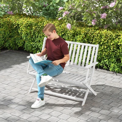 Outsunny 2-Person Foldable Wood Outdoor Bench with Backrest, White