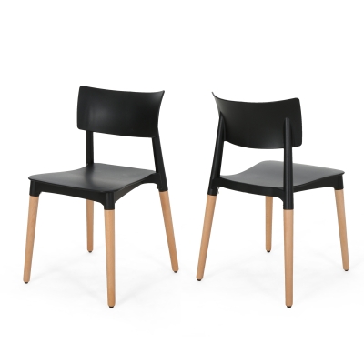 Set of 2 Durable Plastic Dining Chair with Beech Wood Legs, 19.5" L x 19" W x 31.5" H, Black