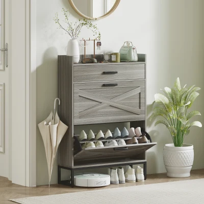 HOMCOM Slim Shoe Cabinet with 2 Flip Drawers, Distressed Gray