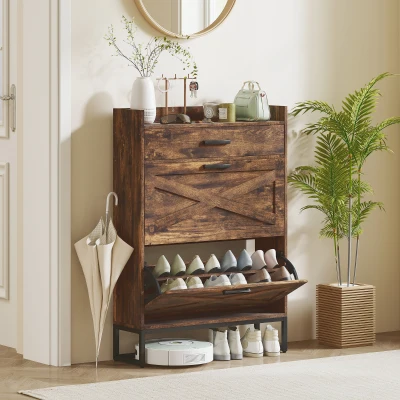 HOMCOM Slim Shoe Cabinet, 2 Flip Drawers, Adjustable Shelves, Brown