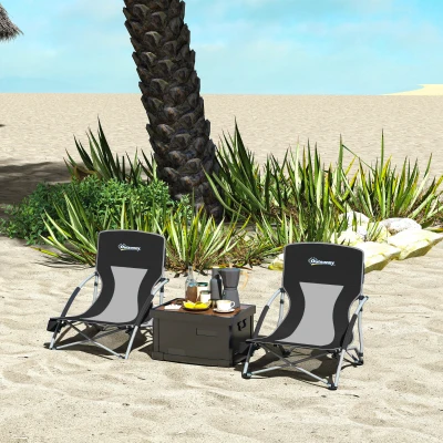 Outsunny Set of 2 Folding Beach Chairs with Mesh Back, Black