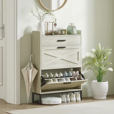 HOMCOM Slim Shoe Cabinet with 2 Flip Drawers, 12-Pair, White