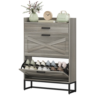 HOMCOM Slim Shoe Cabinet with 2 Flip Drawers, Distressed Gray