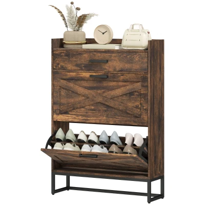 HOMCOM Slim Shoe Storage with 2 Flip Drawers and Adjustable Shelves Shoe Cabinet Organizer for 12 Pair, Rustic Brown