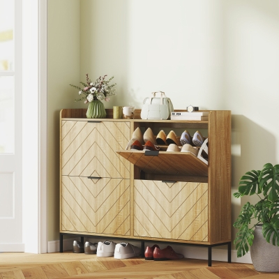 HOMCOM Narrow Shoe Storage Cabinet, Modern Slim Shoe Cabinet with 4 Flip Drawers, 16 Pairs of Shoes for Hallway, Entryway, Oak