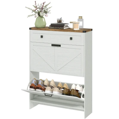 HOMCOM Narrow Shoe Storage Cabinet, Farmhouse Shoe Cabinet with 2 Flip Drawers, 1 Drawer, 12 Pairs for Entryway, White