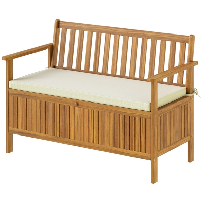 Outsunny Acacia Wood Outdoor Storage Bench with Cushion, 2-Seater, Teak