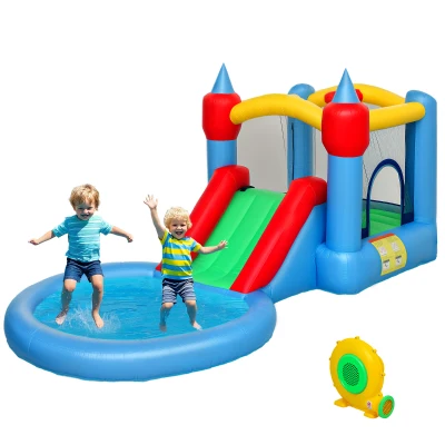Qaba 4 in 1 Inflatable Bounce House with Slide, Basketball Hoop, Ball Pit, Blower, Storage Bag, 163" x 81" x 75"