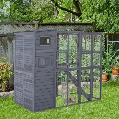 PawHut Wooden Outdoor Catio, Gray with Ramps & Platforms