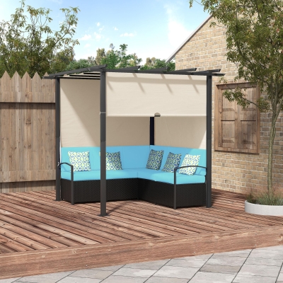 Outsunny Outdoor Rattan Wicker Patio Furniture Sofa Set with Retractable Canopy Pergola for Deck, Pool, Garden, Turquoise