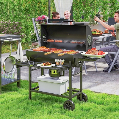 Outsunny 29" Charcoal BBQ Grill Barbecue Grill with Foldable Front Side Table, Spacious Cooking Area, Shelf, Black