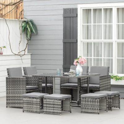Outsunny 9 Pieces Wicker Patio Dining Set Outdoor Furniture Set with Removable Cushions, Glass Top Dining Table, Ottomans, PE Rattan Conversation Set for Garden Poolside, Grey