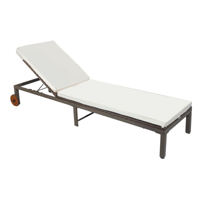Outsunny Patio Rattan Sun Lounger with 4-Level Adjustable Backrest and Wheels, Wicker Chaise Lounge Chair with Cushion, for Patio, Deck, Poolside Cream White