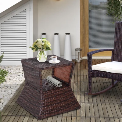 Outsunny Rattan Wicker Side Table, 2-Tier Storage, Brown