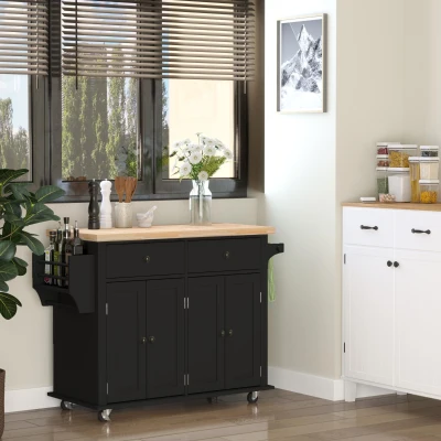 HOMCOM Rolling Kitchen Island Cart with Rubberwood Top, Black