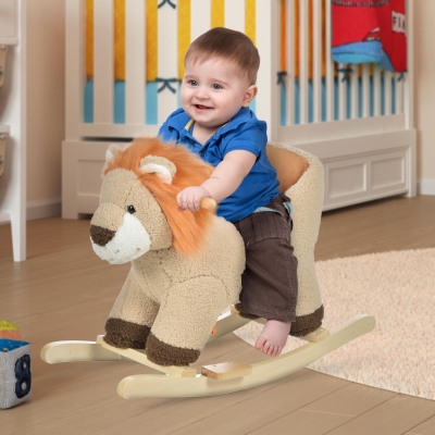 Qaba Baby Rocking Horse Lion Design Plush Stuffed Rocking Chair, Wooden Rocking Horse with Sound, Seat Belt for Boys and Girls Gift, Brown