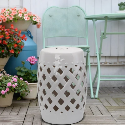Outsunny 13" Ceramic Garden Stool, Woven Lattice Design, White