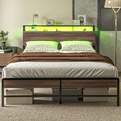 HOMCOM Queen Bed Frame with LED Lights, Storage Headboard, Walnut