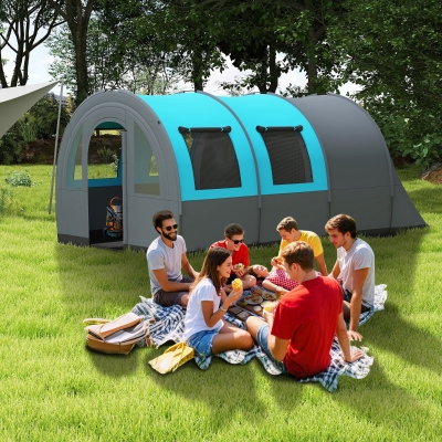 Outsunny 5-6 Person Camping Tent with Living Room and Bedroom, 3000mm Waterproof Tunnel Large Family Tent, Grey and Blue
