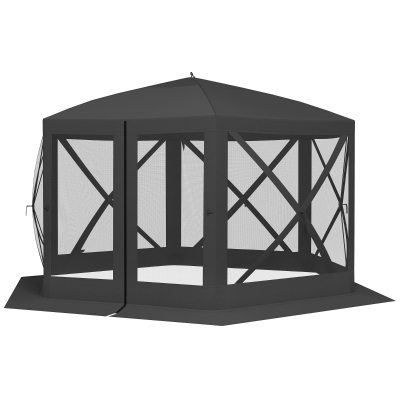 Outsunny 12' x 12' Hexagon Automatic Pop Up Screen Tents, Camping Shelter w/ Mesh Sidewalls and Carry Bag Black