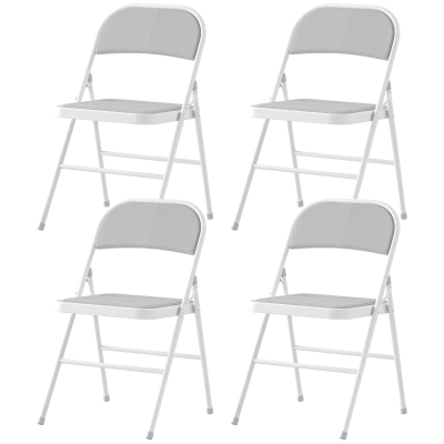 HOMCOM Set of 4 Metal Foldable Chairs, Corduroy Padded Folding Chairs with Cushion Seat and Open Back for Indoor, White
