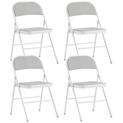 HOMCOM Set of 4 Metal Foldable Chairs, Corduroy Padded Folding Chairs with Cushion Seat and Open Back for Indoor, White