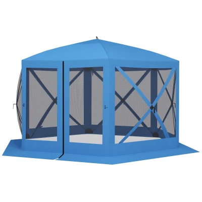 Outsunny 12' x 12' Hexagon Automatic Pop Up Screen Tents, Camping Shelter w/ Mesh Sidewalls and Carry Bag Blue