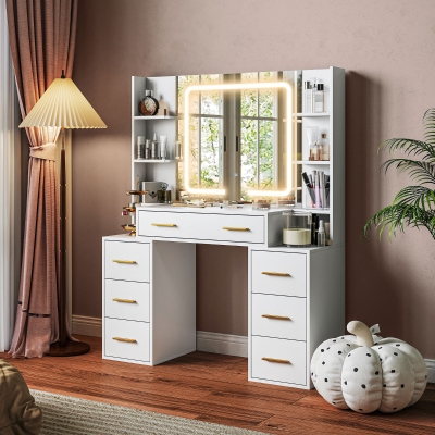 HOMCOM Makeup Vanity Table with Mirror and Lights, Modern Dressing Desk with 7 Drawers, 8 Shelves, 3 Lighting Modes, White