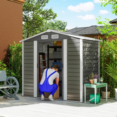 Outsunny 7' x 4' Outdoor Storage Shed, Metal Garden Shed with Lockable Doors and Gloves for Backyard, Garden, Patio, Dark Grey