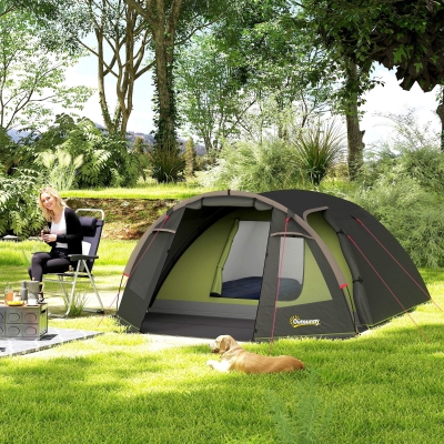Outsunny 2-4 Man Camping Tent, 3000mm Waterproof Tunnel Tent with 2 Rooms, Sewn-in Groundsheet, 3 Doors and Hook