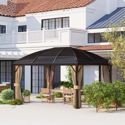 Outsunny 10' x 13' Hardtop Gazebo Aluminum Outdoor Canopy with Mesh Nettings, Curtains, Brown