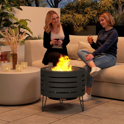 Outsunny Round Fire Pit with Fire Poker, Portable Wood Burning Firepit with Ash Tray and Hairpin Legs, Outdoor Fireplace, Black