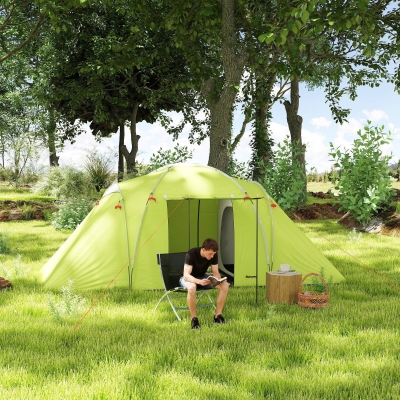 Outsunny 4-6 Person Camping Tent, 2000mm Waterproof Tunnel Tent with 2 Bedrooms, Living Area, Vestibule, Lamp Hook and 4 Doors