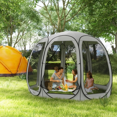 Outsunny 11' x 11.5' Screen Tent, Pop Up Camping Gazebo with Portable Carry Bag and 2 Doors, Grey